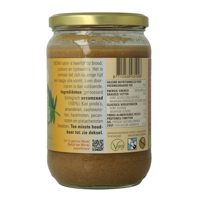 Monki Tahin zoutarm bio eco broodbeleg in 650 gram jar, creamy sesame paste with low salt content and organic ingredients.