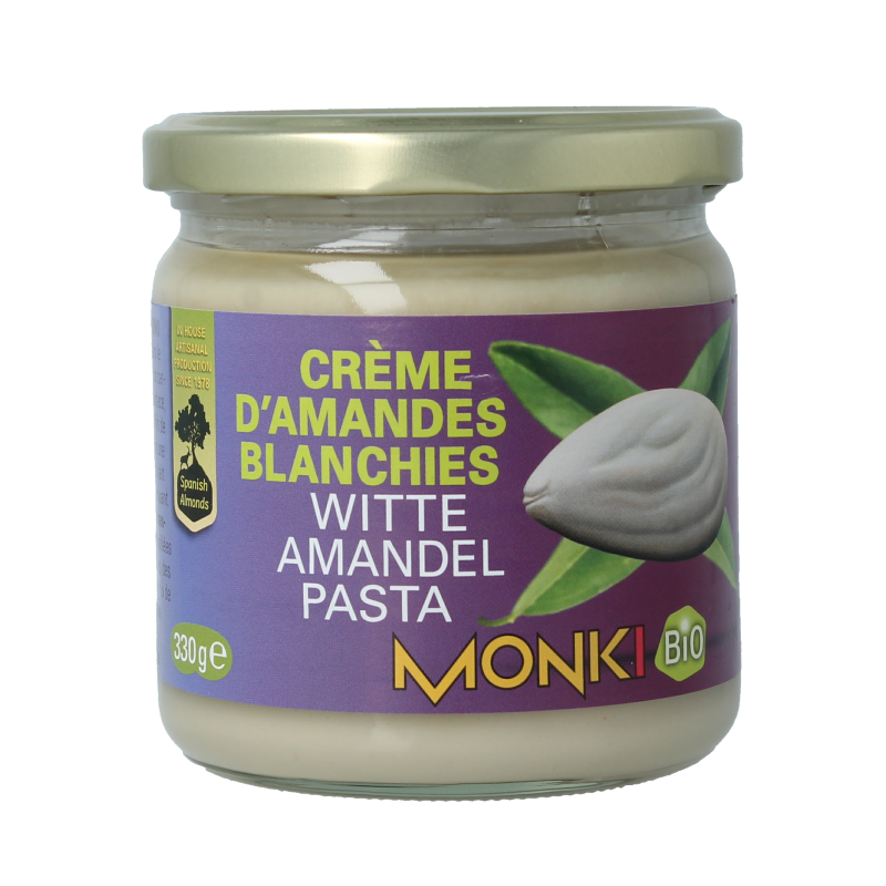 Monki organic white almond butter spread on bread, 330g, natural and eco-friendly almond paste for breakfast or snacks.