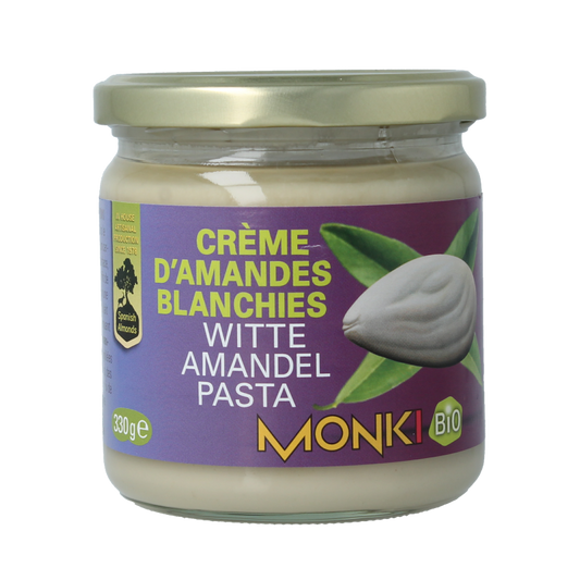 Monki organic white almond butter spread on bread, 330g, natural and eco-friendly almond paste for breakfast or snacks.