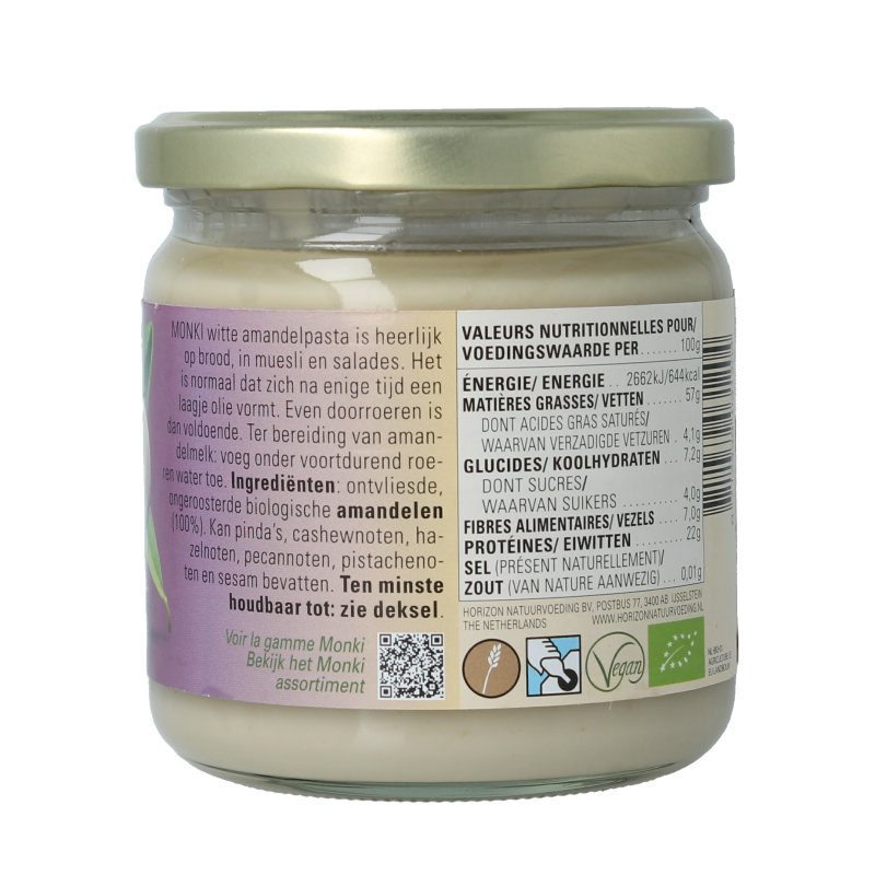 Monki bio almond butter spread in 330g jar, natural eco-friendly almond paste for bread and toast.