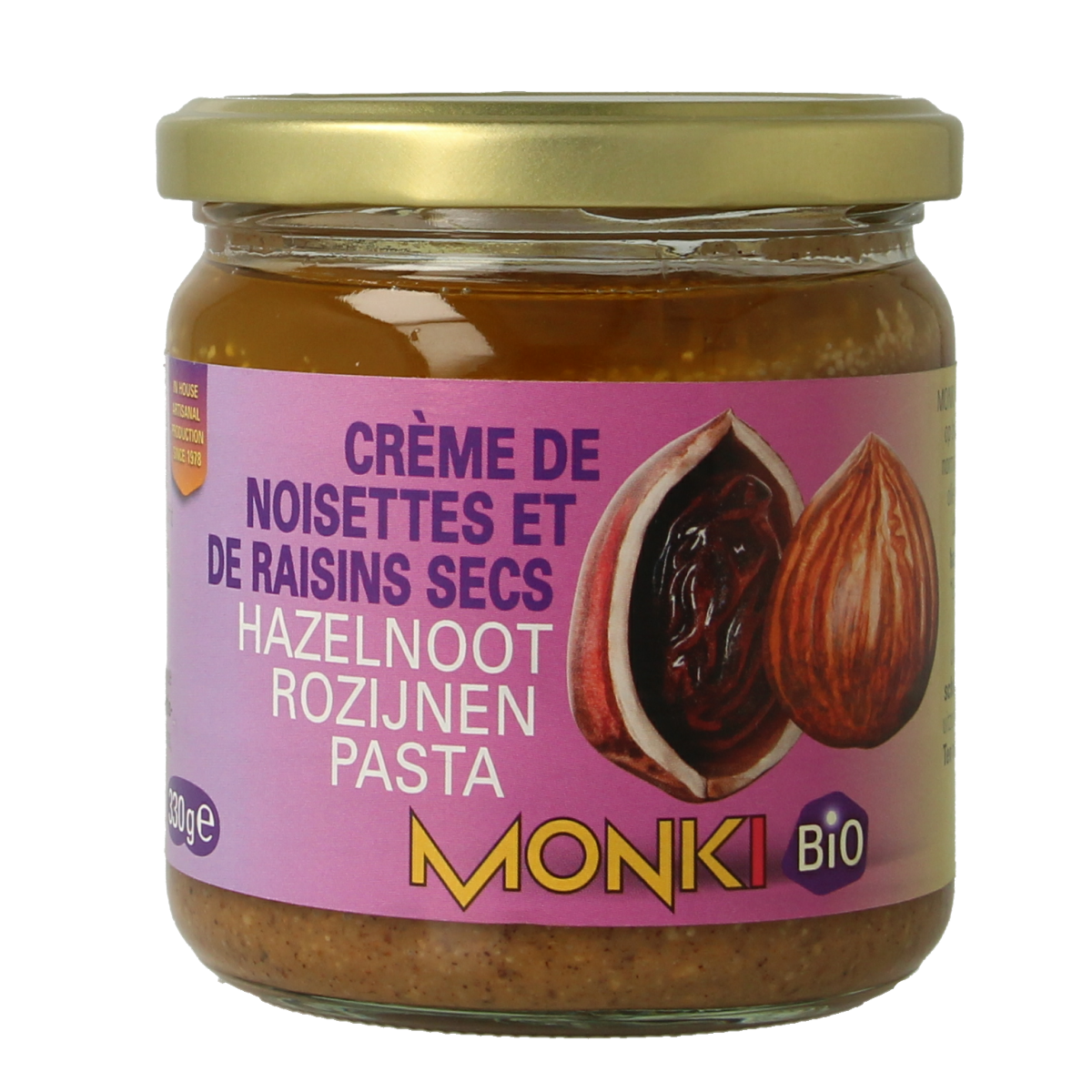 Monki hazelnut and raisin organic spread on bread, 330g, natural almond and fruit flavor, eco-friendly bio broodgeleg.
