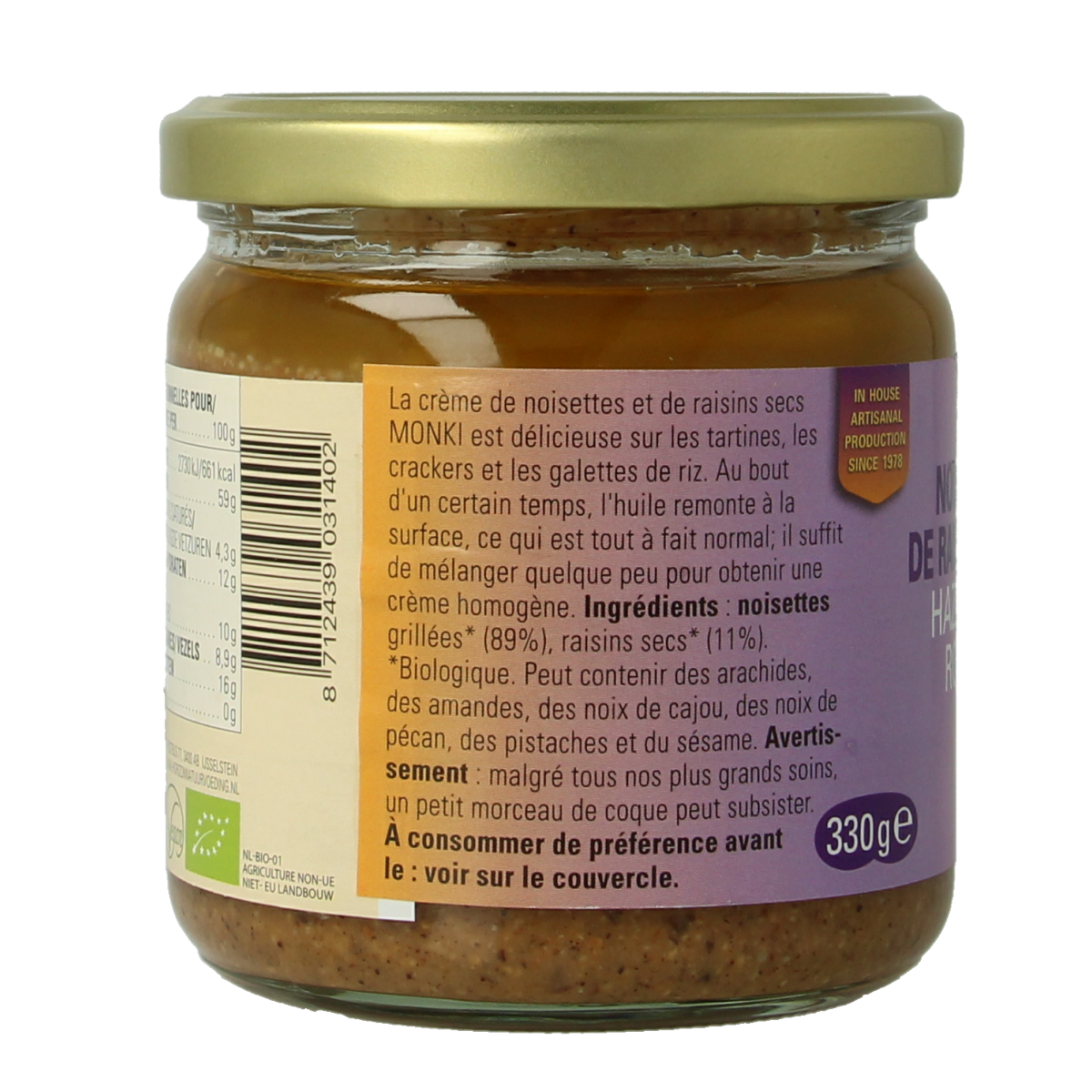Monki hazelnut and raisin organic spread in 330g jar, natural bread topping with hazelnuts and raisins, eco-friendly bio product