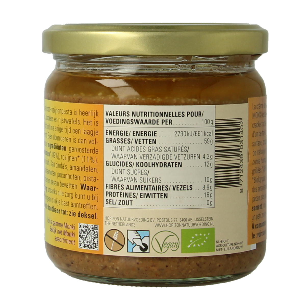 Monki Hazelnoten-rozijnenpasta bio, 330g jar, natural spread for bread, featuring hazelnuts and raisins in a glass jar.