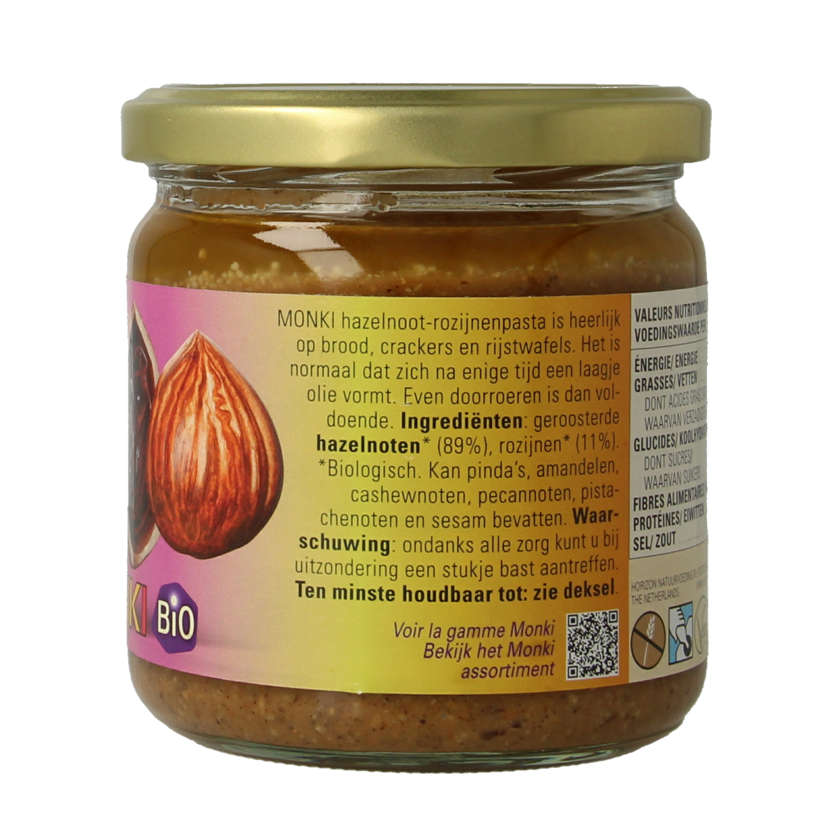 Monki hazelnoten-rozijnenpasta eko bio, 330g jar, natural spread with hazelnuts and raisins, ideal as bread spread or snack.