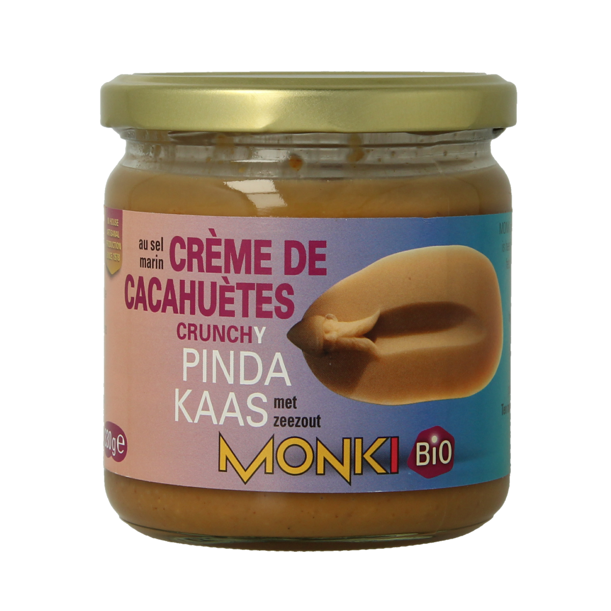 Crunchy Monki organic peanut butter with salt in a 330g jar, perfect as a spread or bread topping.