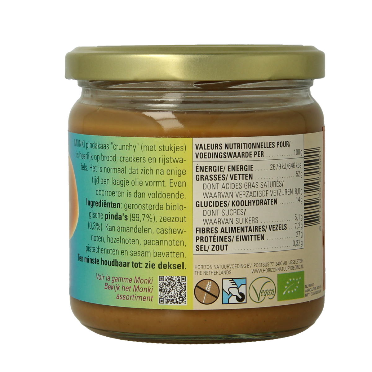 Crunchy Monki organic peanut butter with salt, 330g, creamy texture, ideal as bread spread or snack.