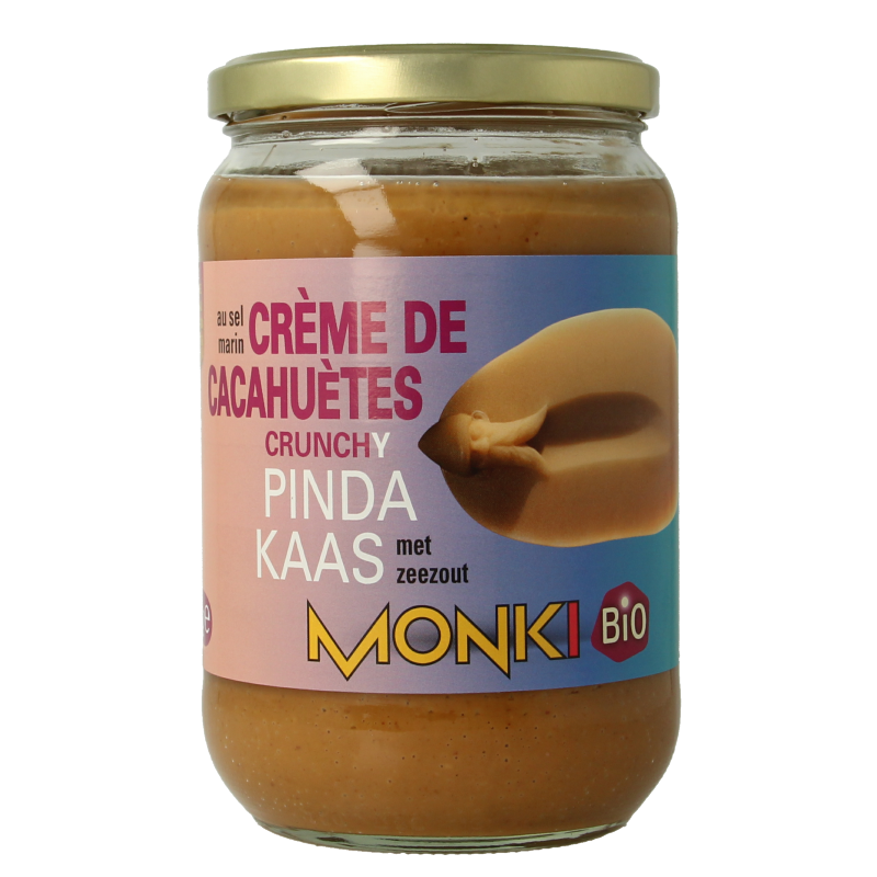 Crunchy Monki Pindakaas salted organic peanut butter spread on bread, 650g jar, natural and eco-friendly.