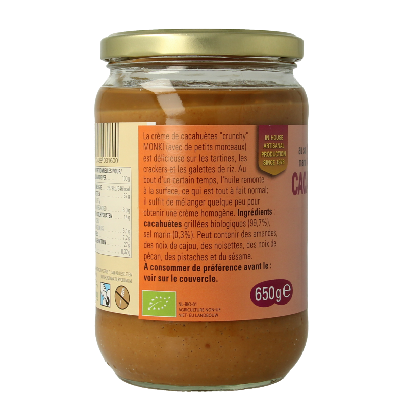 Crunchy Monki organic peanut butter with salt in 650g jar, ideal for bread spreads and healthy snacks.