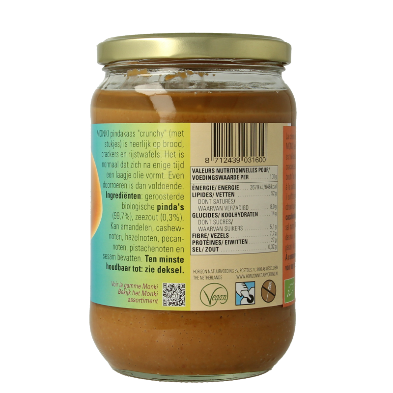 Crunchy Monki organic peanut butter with salt in a 650g jar, ideal for spreading on bread or toast.