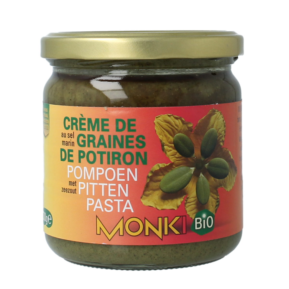 Monki organic pumpkin seed pasta spread on bread, showcasing a creamy, textured broodbeleg with pumpkin seeds.