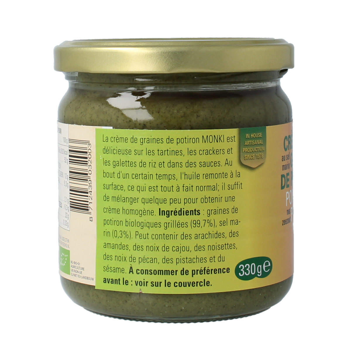 Organic Monki pumpkin seed paste spread on bread, 330g jar, natural and nutritious broodbeleg.