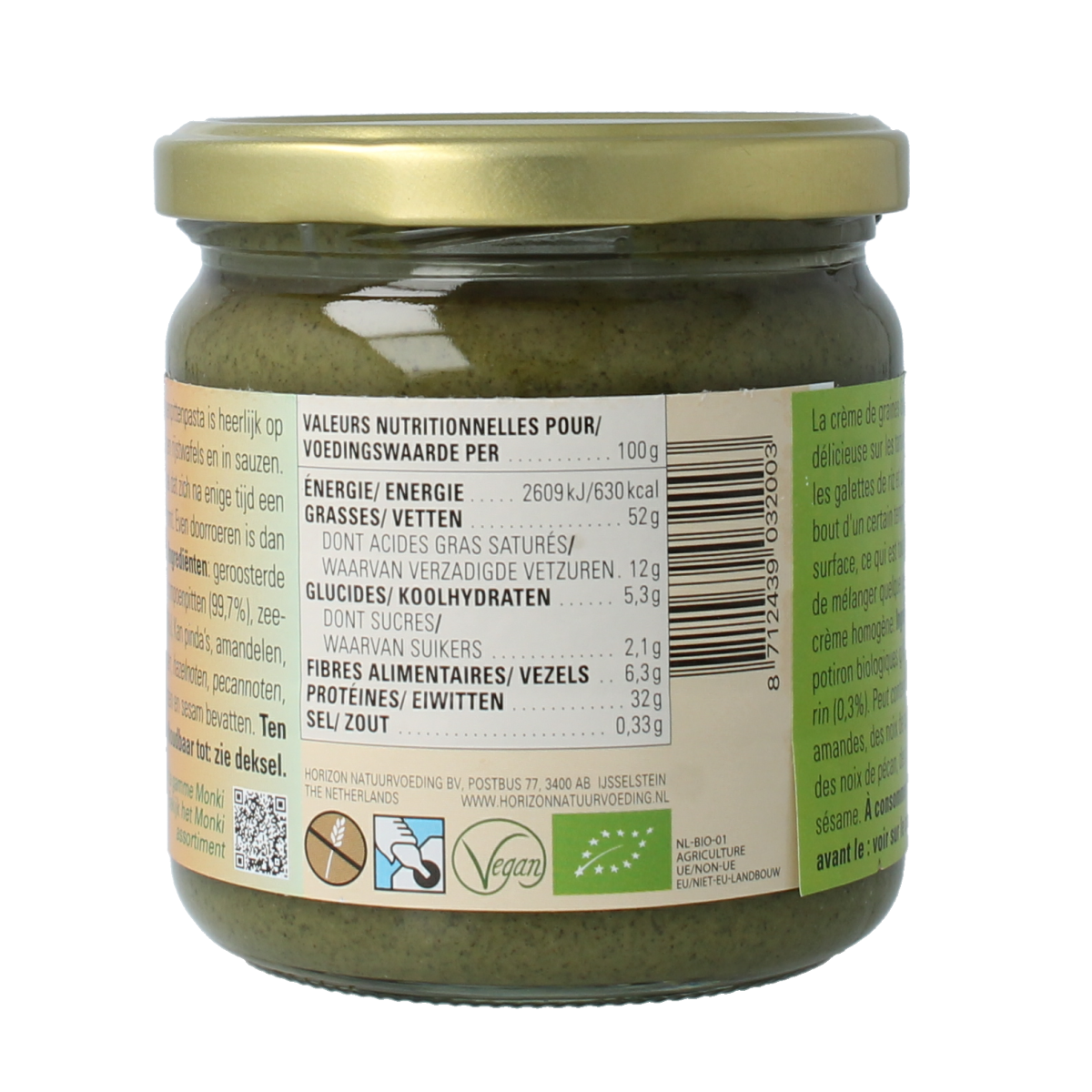 Organic Monki pumpkin seed spread on bread, 330g jar, creamy and nutritious broodbeleg with pumpkin seed ingredients.