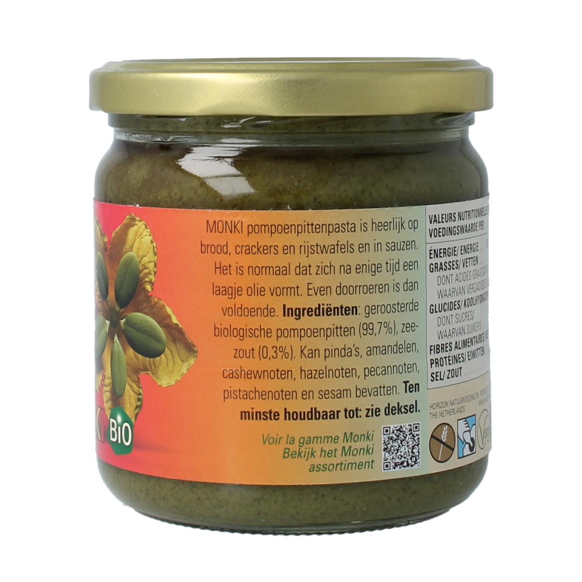 Monki organic pumpkin seed spread on bread, 330g jar with label, natural and creamy texture, for breakfast or snacks.