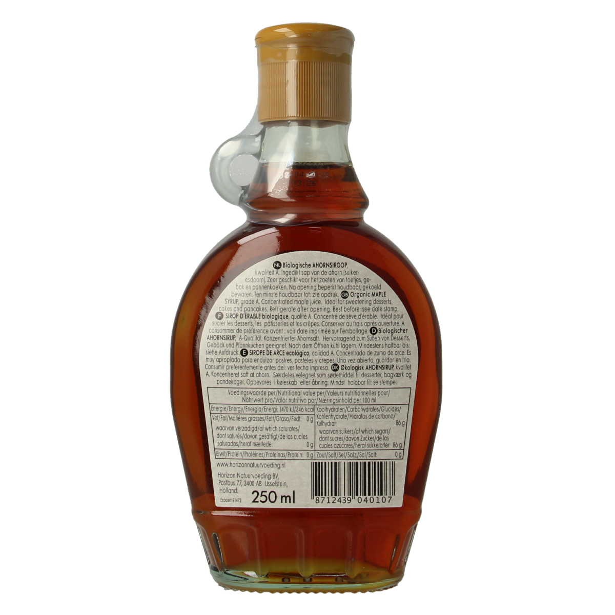 Horizon Ahornsiroop E-categorie bio organic maple syrup bottle, 250ml, natural sweetener for cooking and baking.