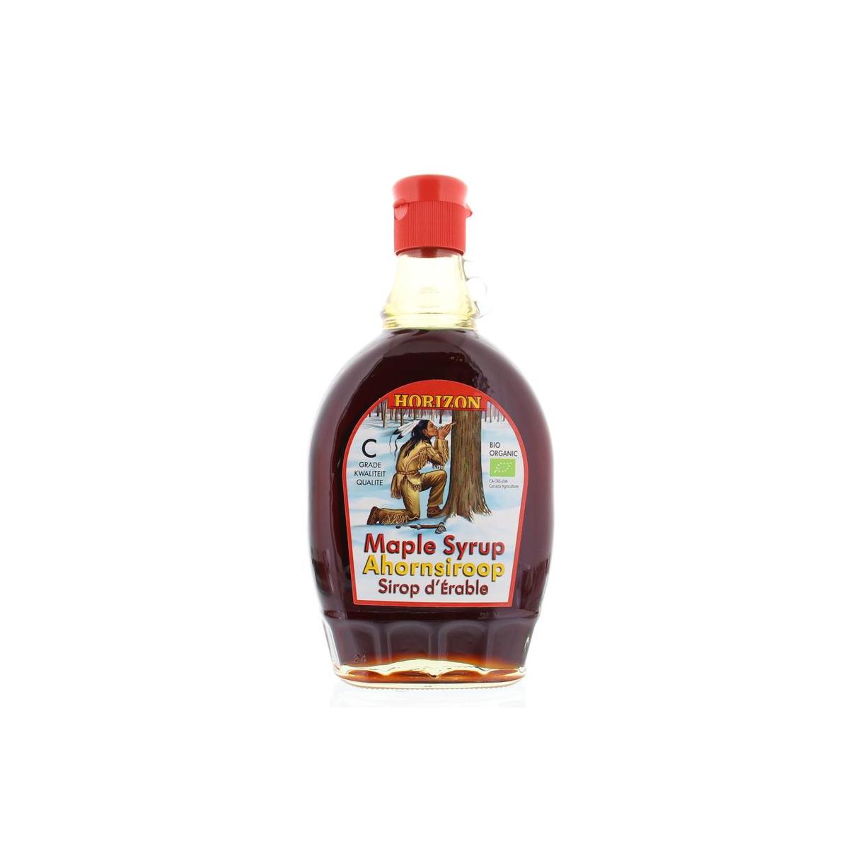 Organic Horizon Ahornsiroop C grade in a 500ml bottle, showcasing the natural amber syrup as a sweetener and sugar alternative.