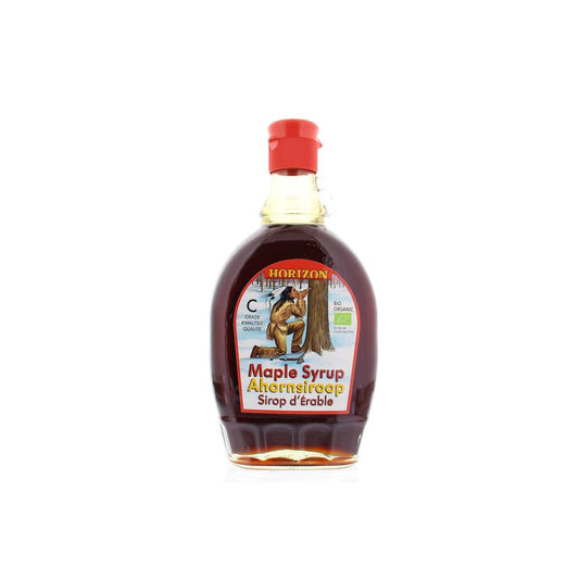 Organic Horizon Ahornsiroop C grade in a 500ml bottle, showcasing the natural amber syrup as a sweetener and sugar alternative.