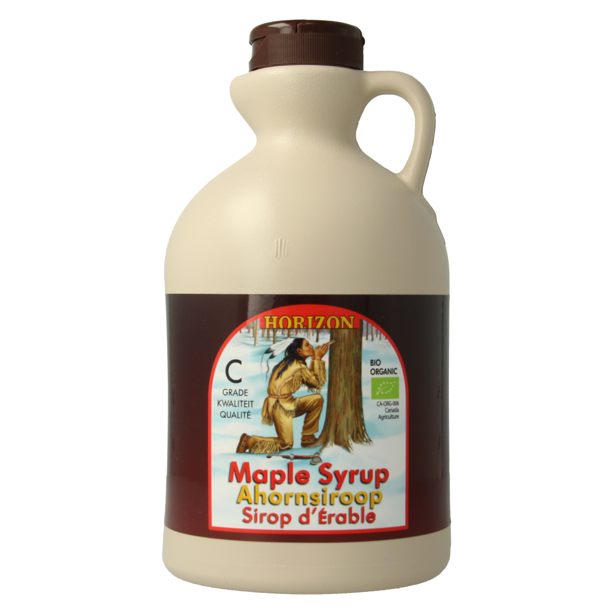 Horizon organic maple syrup in 950ml bottle, natural sweetener, golden color, labeled as bio and eco-friendly.