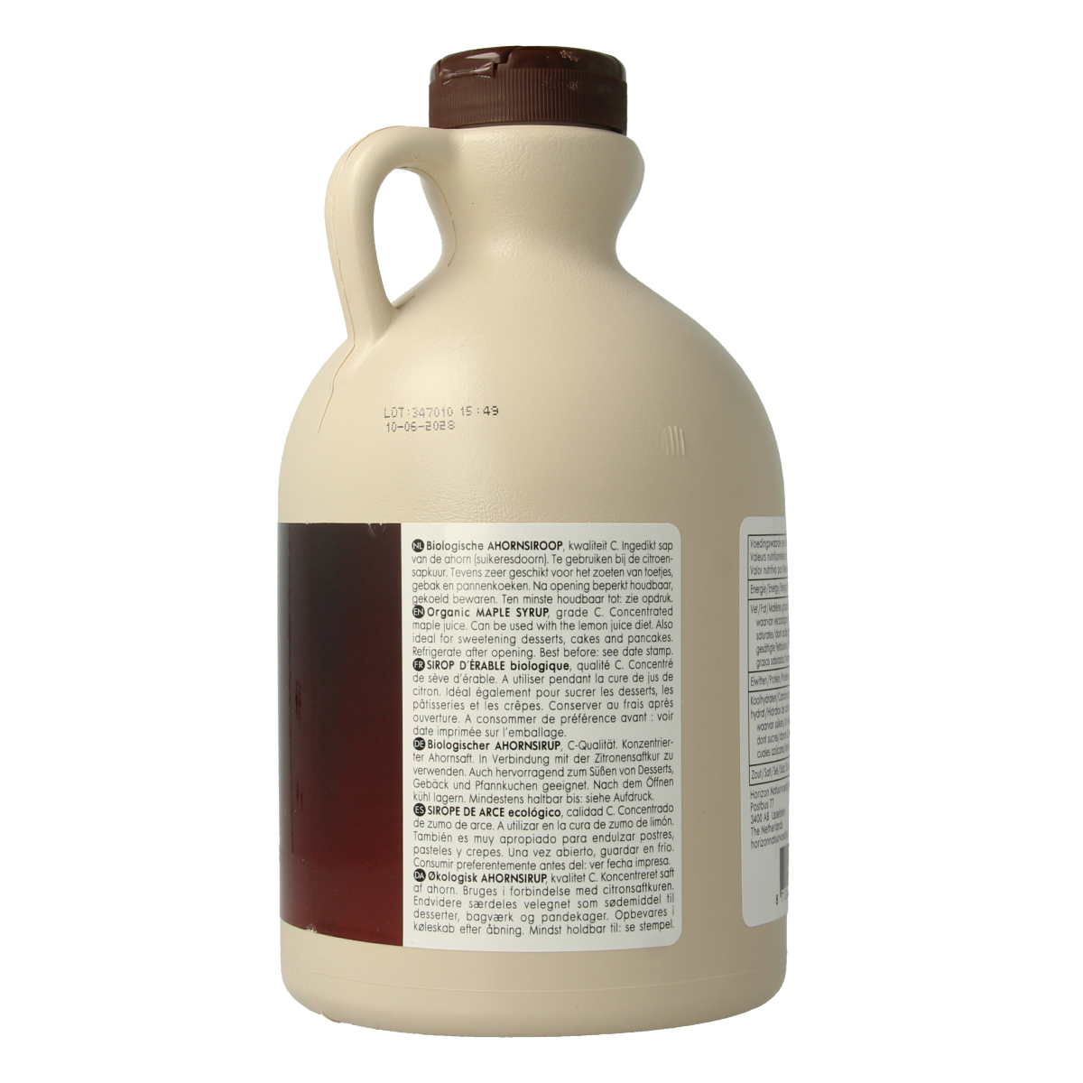 Horizon organic maple syrup in 950ml bottle, natural sweetener, amber color, labeled as Horizon Ahornsiroop C graad eko bio.