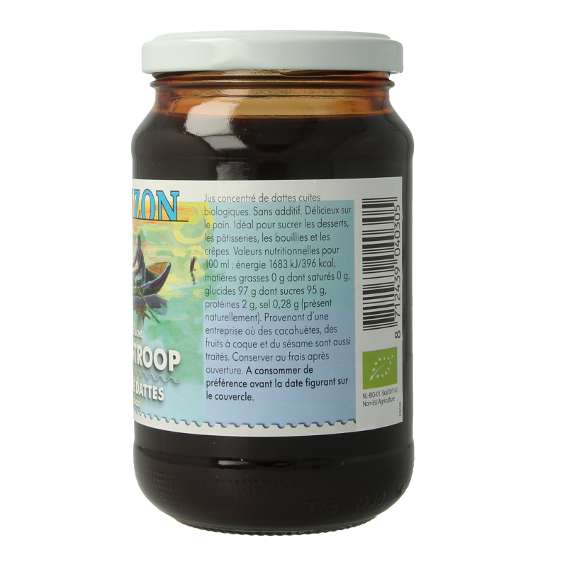 Organic Horizon Dadelstroop in a 450g jar, showing rich, dark natural date syrup for sweetening and cooking.