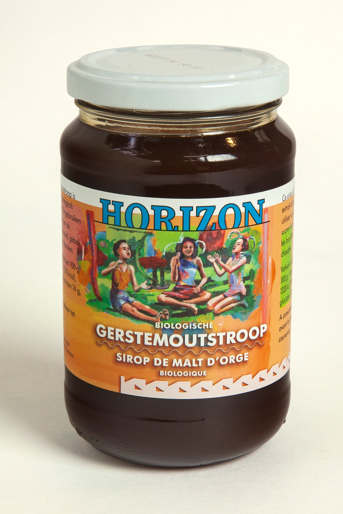 Horizon organic gerstemoutstroop in 450g jar, showing the label and glass jar with dark syrup inside.