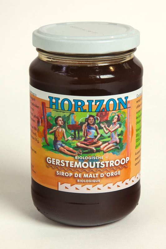 Horizon organic gerstemoutstroop in 450g jar, showing the label and glass jar with dark syrup inside.