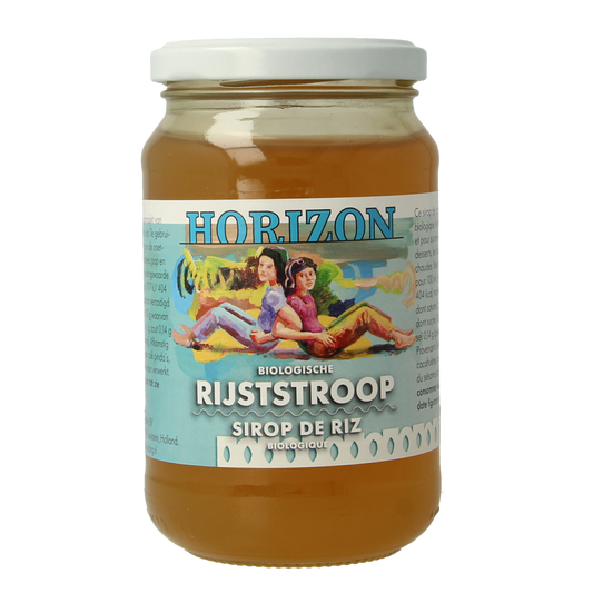 Organic Horizon rice syrup in a 450g jar, natural sweetener from rice, shown in a clear glass jar with label.