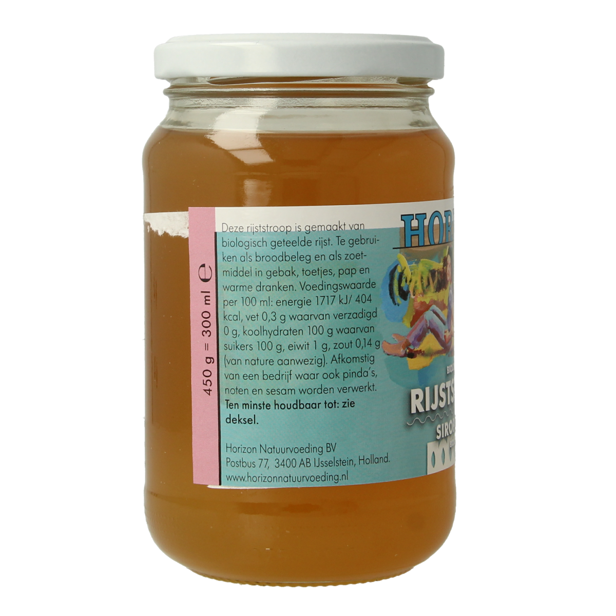 Horizon organic rijststroop jar, 450g, showing the brown syrup inside with label, natural sweetener and bio product.