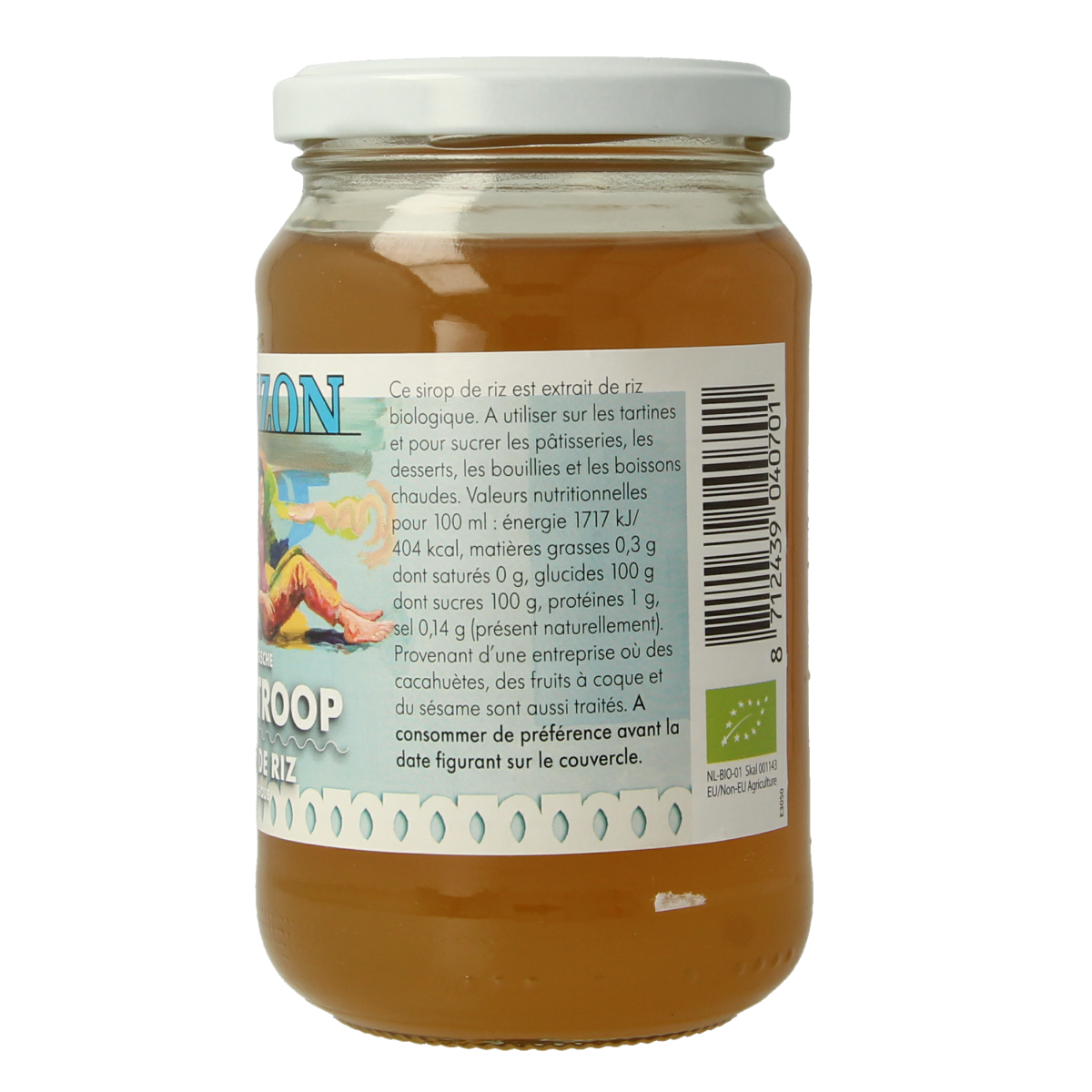 Organic Horizon Rijststroop in 450g jar, natural sweetener from rice, shown in a clear image with a white background.