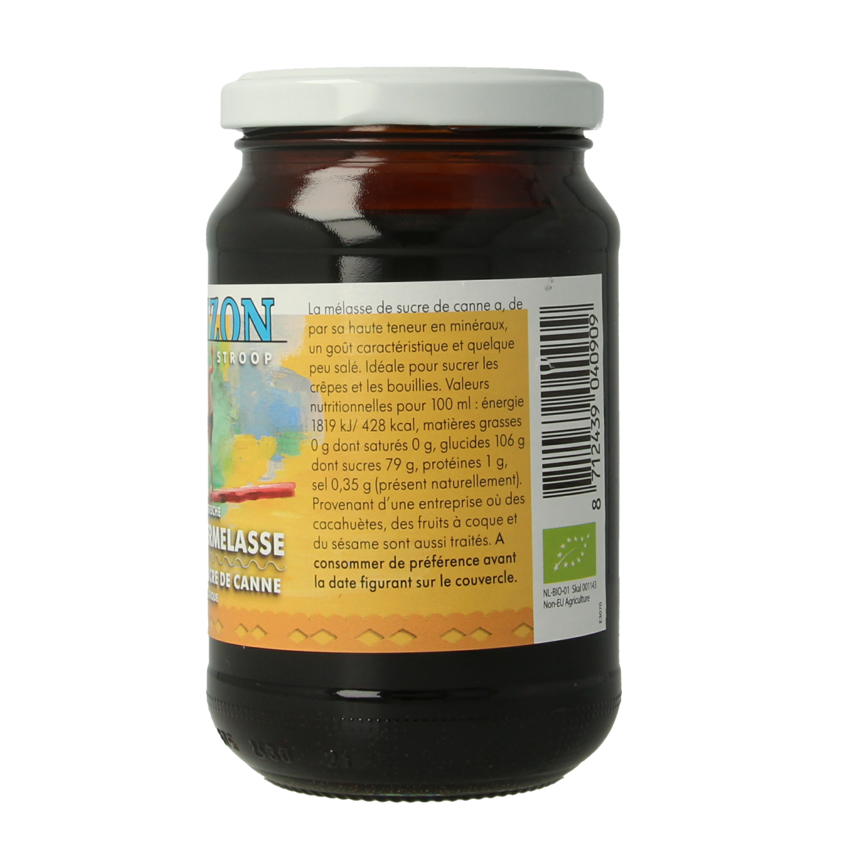 Horizon Rietsuikermelasse bio organic sugar syrup in 450g jar, natural sweetener with rich caramel color and label on jar.