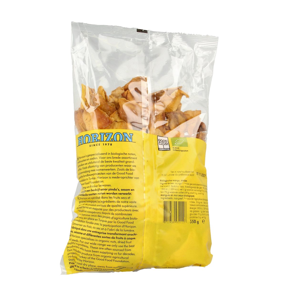 Horizon Mango bio, 550g, fresh organic mango fruit with vibrant orange skin and green leaves, on a white background.