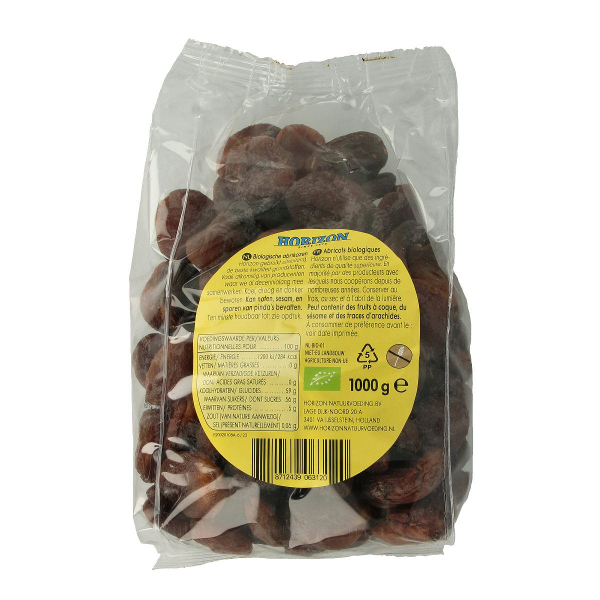 Organic Horizon apricots in a 1kg bag, fresh and ripe, suitable for snacking or cooking, from the fruit and vegetable selection.