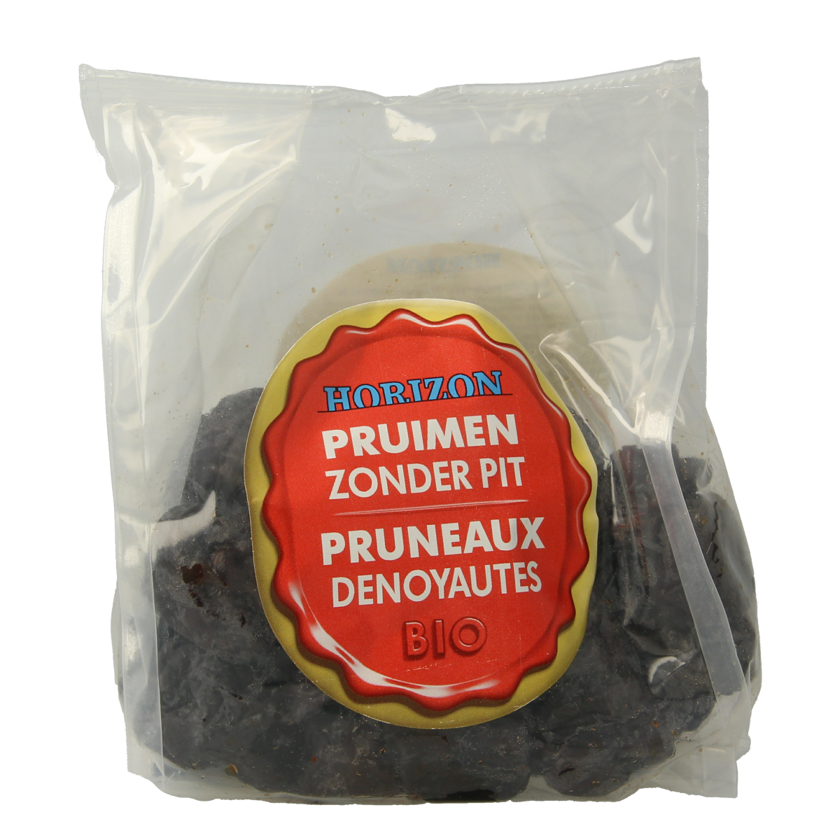 Organic Horizon Pruimen zonder pit, 250g, fresh bio fruit with smooth skin, displayed in a clear container.