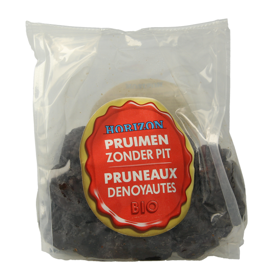 Organic Horizon Pruimen zonder pit, 250g, fresh bio fruit with smooth skin, displayed in a clear container.
