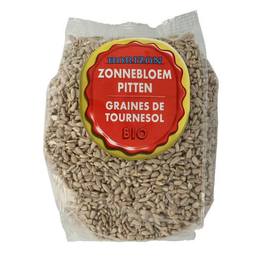 Horizon organic sunflower seeds in a clear 800g bag, raw superfoods with green shells and textured surface.