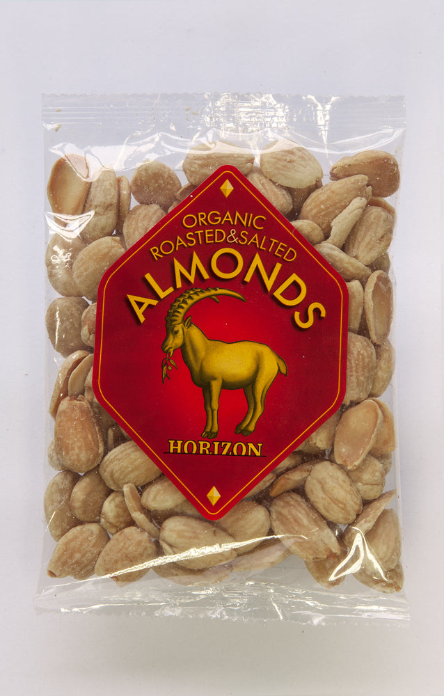 Roasted and salted organic Horizon almonds in 100g package, close-up of the snack with almonds in a clear view