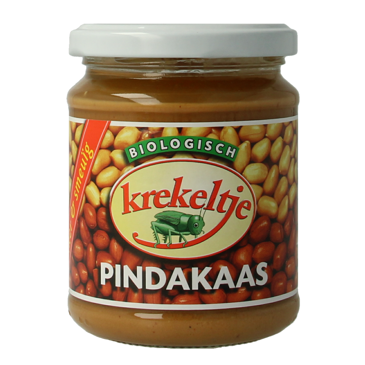 Krekeltje organic peanut butter with salt in a 250g jar, spread on bread, showing the label and creamy texture.