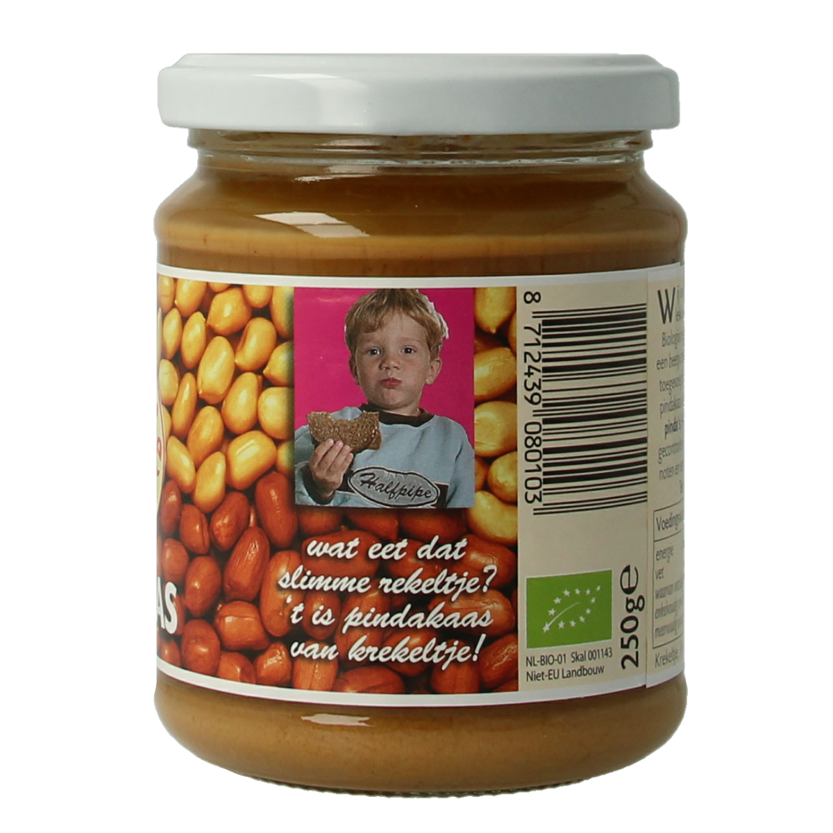Krekeltje organic peanut butter with salt on bread, 250g jar, natural and eco-friendly peanut spread for sandwiches.