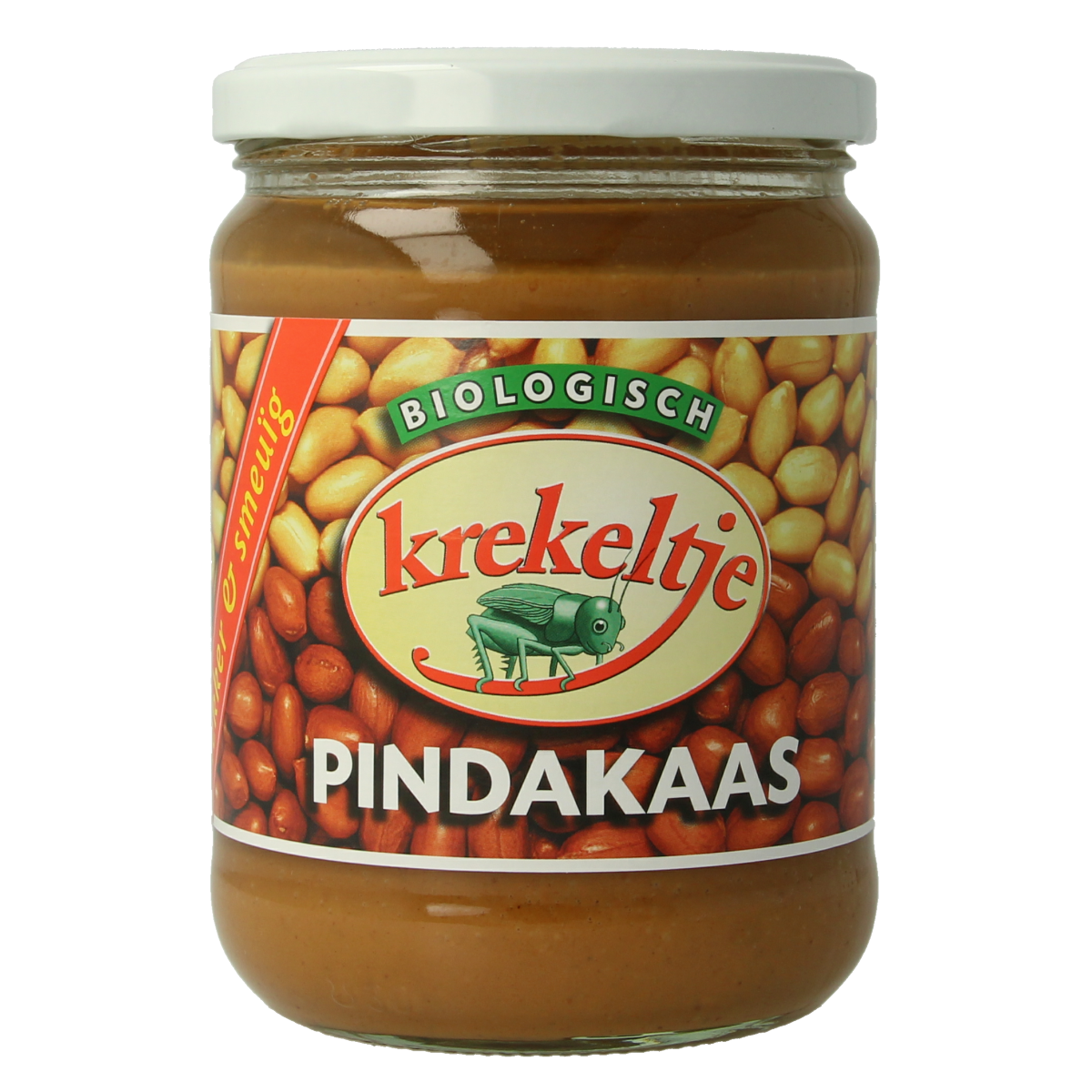 Krekeltje organic peanut butter with salt, 500g jar, natural spread for bread and toast, showcasing the label and jar lid.