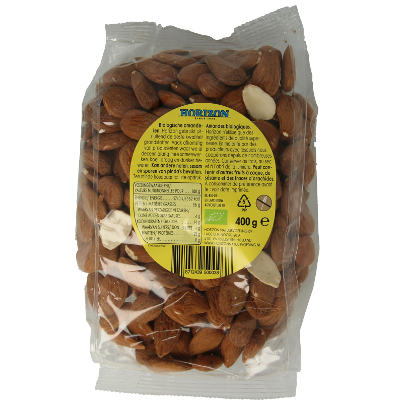 Raw organic almonds from Horizon, 400 grams, shown in a clear close-up emphasizing fresh, natural appearance.