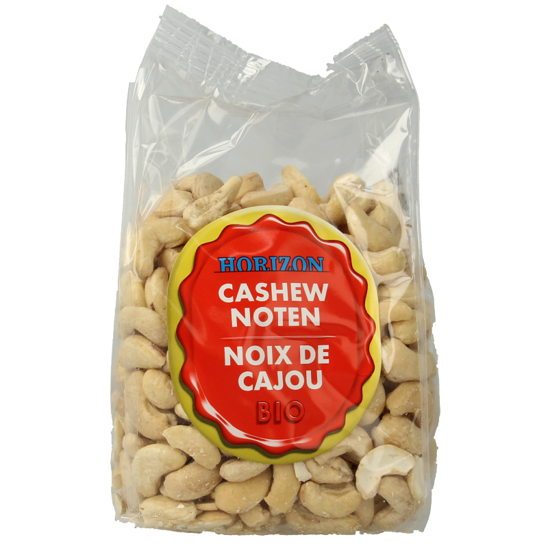 Horizon Cashewnoten heel bio, raw superfoods in a 400g package, displayed with fresh cashew nuts on a white background.
