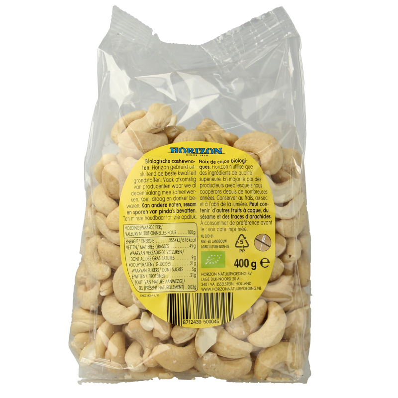 Horizon Cashewnoten heel bio raw superfood in 400g package, showing fresh, natural cashew nuts in a clear container.