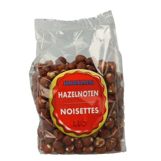 Horizon organic hazelnuts, raw superfood, 400 grams, close-up of whole hazelnuts in a bowl