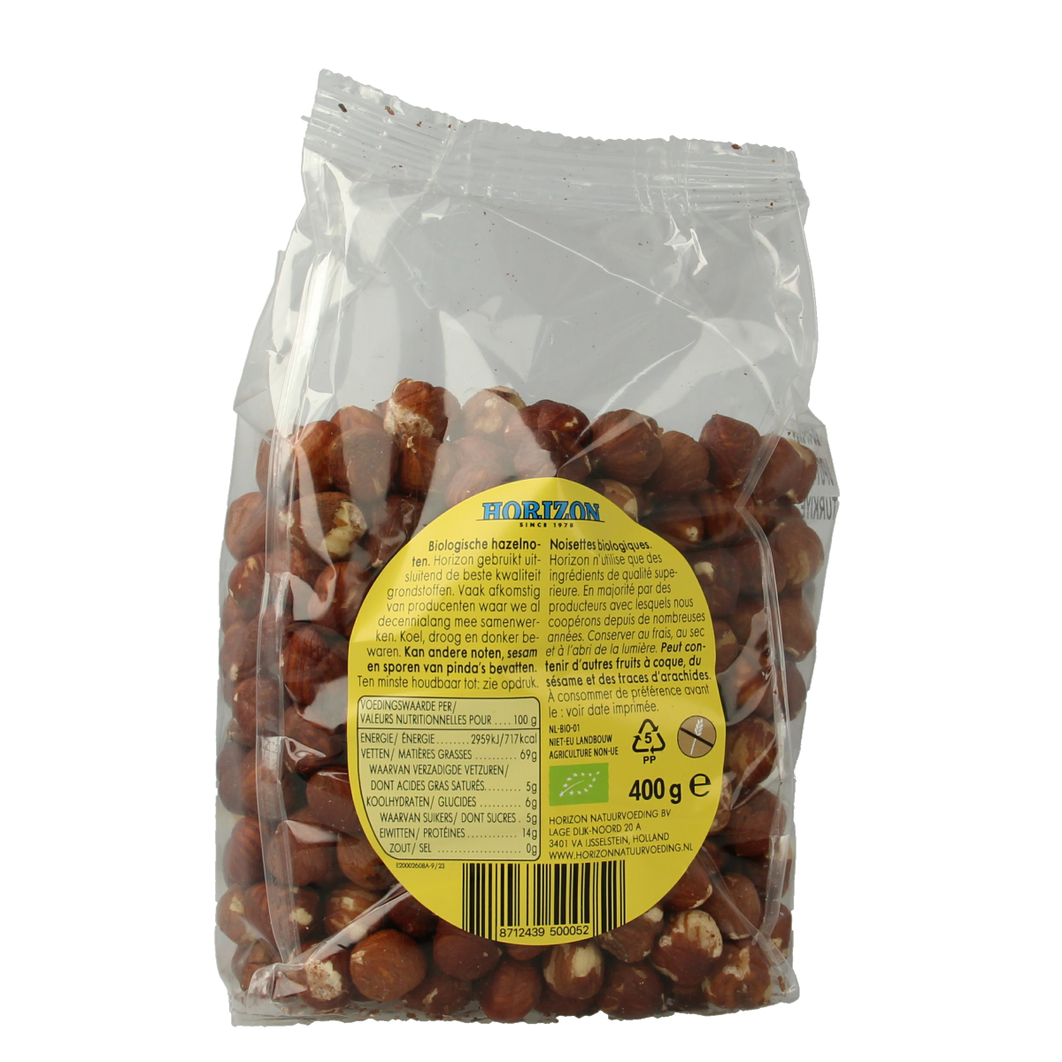 Horizon bio hazelnuts, raw superfoods, 400 grams, in a clear package with hazelnuts visible inside