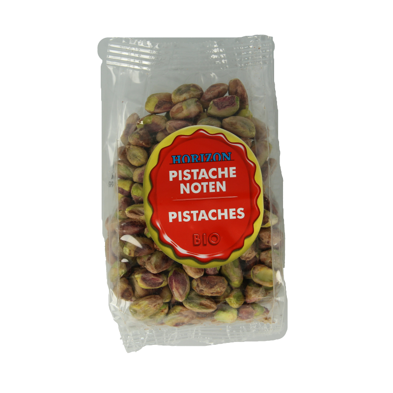 Raw Horizon Pistachenoten bio, 150g, showing fresh, green pistachio nuts in a natural state on a white background.