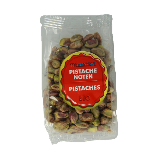 Raw Horizon Pistachenoten bio, 150g, showing fresh, green pistachio nuts in a natural state on a white background.