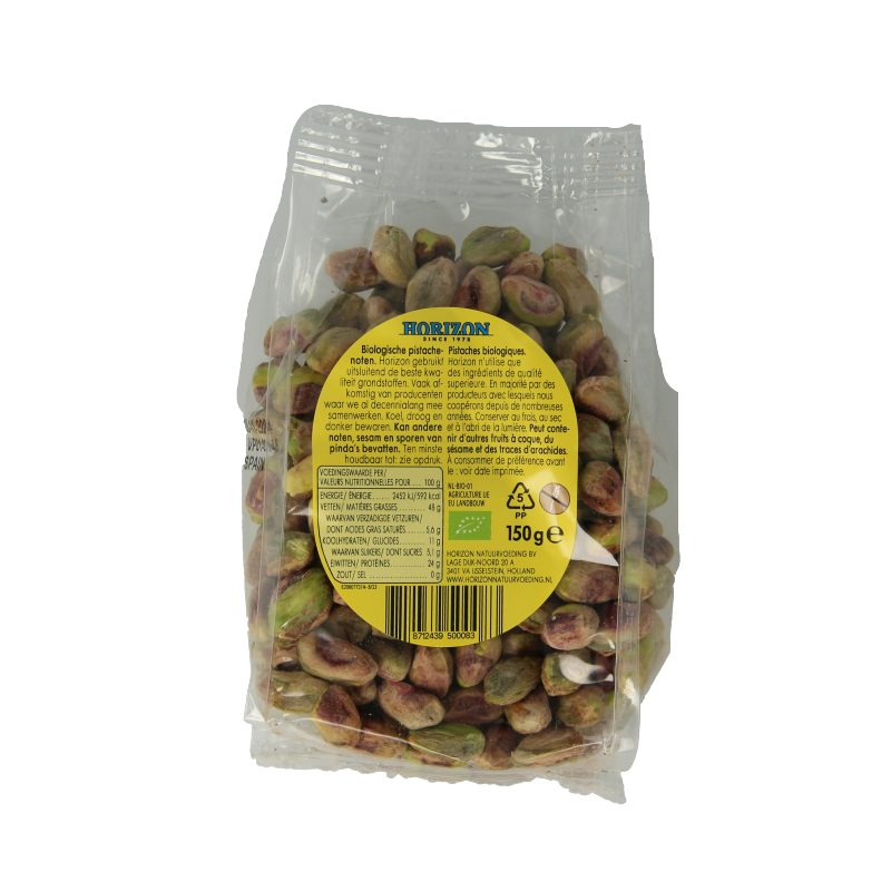 Raw Horizon Pistachenoten bio in 150g pack, organic green pistachio nuts, natural superfood snack, close-up of shelled pistachios