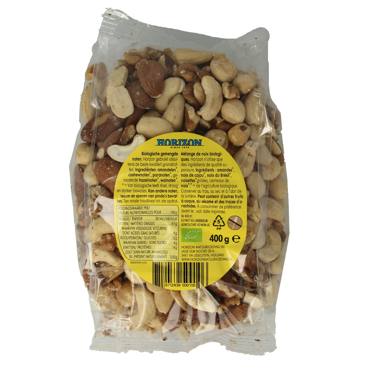 Assorted raw organic Horizon Gemengde noten in a 400g package, showcasing mixed nuts in a clear bag.