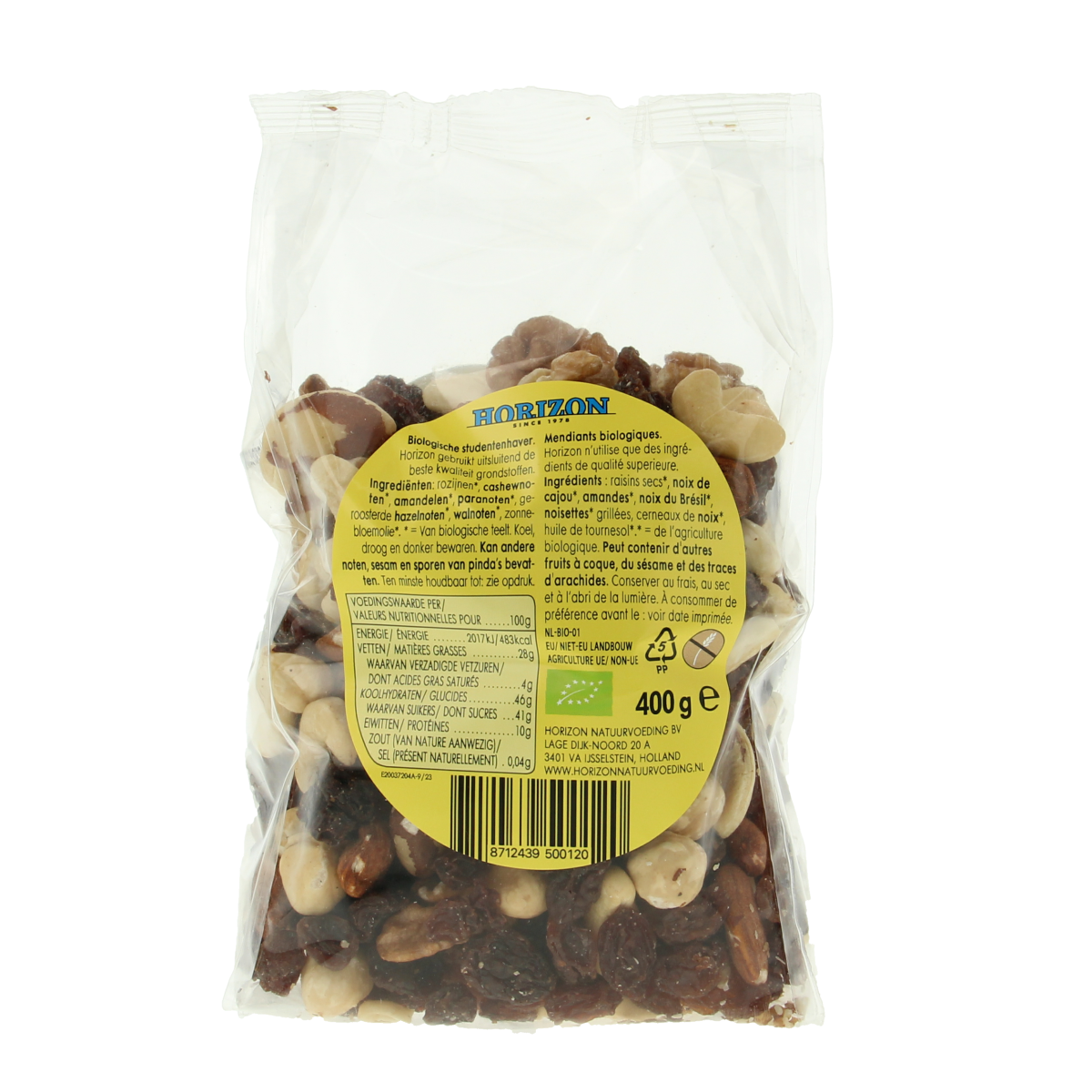 Horizon bio Horizon Studentenhaver raw superfood in 400g package, showcasing fresh, organic sunflower seeds in a transparent bag.