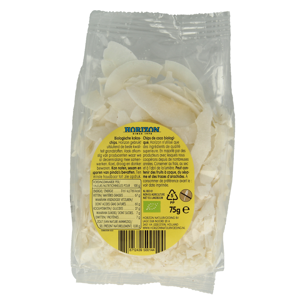 Horizon bio kokoschips, raw superfoods, 75g package showing golden toasted coconut chips on a white background.