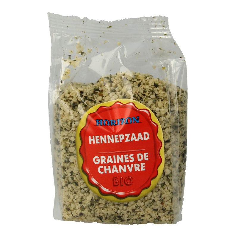 Horizon organic hulled hemp seeds in a 200g package, raw superfood with natural beige seeds on a white background.